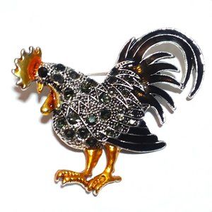 Black Rooster Brooch Pin Inlay Rhinestones Sparkle Hat Coat Chicken GIFT